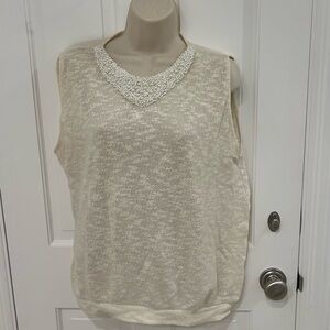 Zara Elegant Cream Sleeveless Top with Beaded Pearl Neckline